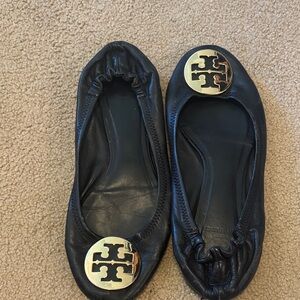 Tory Burch Black Flats with Gold Logo